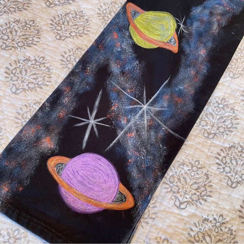 Hand Painted Black Jeans with Vibrant Planets and Stars Design OOAK Size 9 - Picture 2 of 14